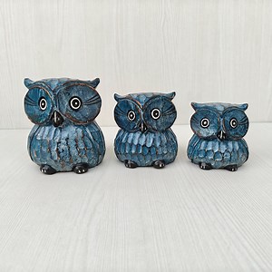 Hand Carved Wooden Owl Set | Dark Blue Folk Art Decor, Rustic Bird Figurine, Hand-painted Wooden Owl Sculptures for Shelves, Boho Home Decor - Etsy