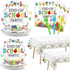 End of School Party Plates Napkins Tablecloths for Kids Class Decorations End of School Graduate Party Tableware Set Graduation Tablecloths Serves 24 Guests Classroom Teacher Graduation Party Supplies