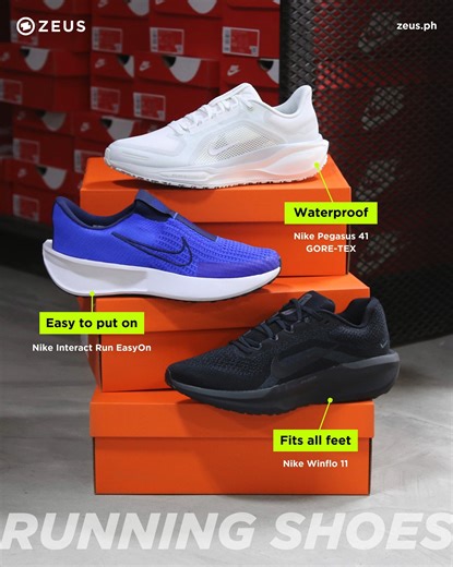 8.1K views · 4 comments | Not your average running shoes ⚡ Check out our running shoes at zeus.ph here: https://tinyurl.com/2xhwj9n5  Nike Pegasus 41 GORE-TEX Was: ₱8,895.00 → Now: ₱7,560.75  Nike Interact Run EasyOn Was: ₱4,295.00 → Now: ₱3,650.75  Nike Winflo 11 Was: ₱5,495.00 → Now: ₱4,945.50 #ZeusPH #Nike #NikeRunning #RunningShoes | Zeus PH | Facebook