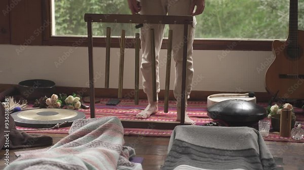 A man plays a hanging xylophone during a sound healing ritual. Close-up shot.