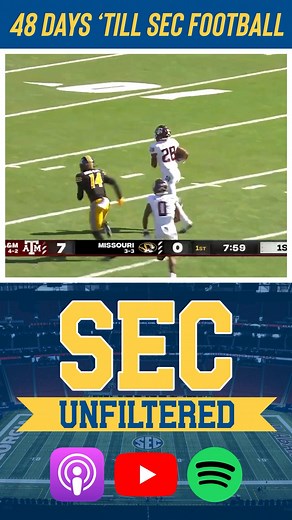 #48Days ‘till SEC football. Isaiah Spiller goes 48 yards for the touchdown in Texas A&M’s 2021 showdown against Mizzou. Spiller’s 168 rushing yards and one score helped lead the Aggies to a 35-14 win over the Tigers. | SEC Unfiltered