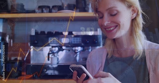Female barista tapping phone at cafe counter, showing animated sales charts and tracking revenue