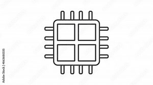 Quad core processor line animation. Cpu circuit animated icon. Scaling square, moving connections. Black illustration on white background. HD video with alpha channel. Motion graphic