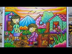 Cara Menggambar dan Mewarnai Gradasi Crayon Tema berkebun | Go Green | Drawing Scenery