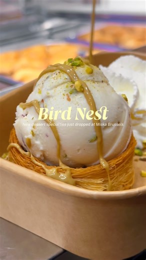 Miska | Artisanal Lebanese Ice Cream Brussels on Instagram: "Meet Bird Nest 🤍 One of our dessert specialties. Crispy kataifi, ashta ice cream, crushed pistachio, pistachio cream, whipped cream, and angel hair on top. Creamy, crunchy, and a must-try. Come by and discover it at Miska 🍨 Découvrez Bird Nest 🤍 L’une de nos spécialités desserts. Kataifi croustillant, glace ashta, pistache concassée, crème de pistache, chantilly et cheveux d’ange sur le dessus. Crémeux, croustillant, et incontournab