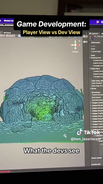 Game Development: Player’s View vs Devs view. For anyone currious about making games, here’s a quick comparison of how our game looks to someone running through one of our dungeons, versus how it looks to us while we’re working on the same level. #gamedevelopment #indiegamedev #indiedev #gamedev #madewithunity