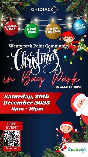 🎄 WENTWORTH POINT COMMUNITY - CHRISTMAS IN BAY PARK🎄 Proudly Sponsored by Chidiac Realty and Pulse Saturday 20th December, 4pm - 10pm Join us for a jolly good time at Bay Park! Get ready for a day filled with festive cheer, food trucks, and fun activities for the whole family. Kids Disco, Face Painting, Glitter Tattoos, Jumping Castle & Slide, Santa with Mrs Claus, roaming circus elves and Live Music... fun for everyone.. see you at the Wentworth Point Community Christmas in Bay Park! Event Sc