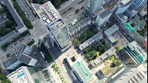 Warsaw City Centre, Poland, Europe. Skyline Dominated by Glass Skyscrapers and Iconic Palace of Culture and Science. 4K Modern Financial District, Urban Architecture, Vibrant Business Center.