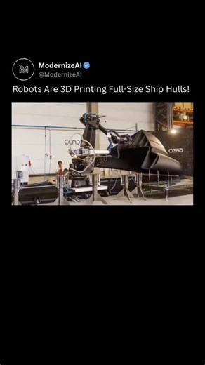 ModernizeAI on Instagram: "CEAD Group is bringing large-scale robotic 3D printing to the maritime and defense world — and it’s changing how vessels are built. ⚓🤖 Instead of relying on traditional molds, layered fiberglass, and heavy manual assembly, industrial robotic arms now print full-size marine hulls directly from digital CAD models. Using reinforced thermoplastic composites, the system deposits material layer by layer with millimeter precision, creating strong, lightweight structures with