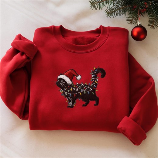 Embroidered Cat Christmas Sweatshirt: Holiday Lights, Cat Mom Gift - Etsy