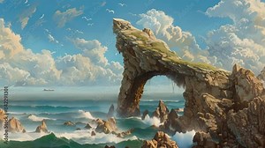 A jagged rock formation in one corner serves as a makeshift lookout point providing a panoramic view of the surrounding ocean.