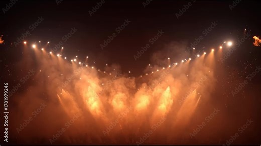 Dramatic concert stage light show with powerful pyrotechnic display featuring symmetrical fire, smoke, and energetic orange beam illumination