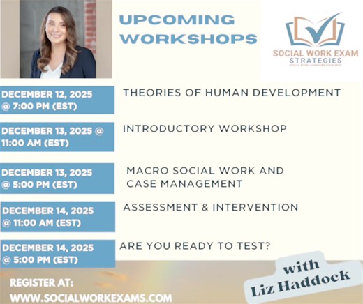 📚 This week’s ASWB workshops are LIVE! If you’re preparing for the exam, these sessions will help you strengthen your recall, application, and reasoning across the hardest categories. 🔥 This week we’re covering: • Human Development (Category 1 – recall, application, reasoning) • Intro Workshop: How to break down FIRST/NEXT/BEST • Macro & Case Management • Assessment & Intervention (Categories 2 & 3 – one of our most challenging!) • “Are You Ready to Test?” – assess your test readiness 💡 Join 