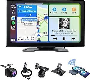 plimpton Portable Carplay for Apple/Android Auto Screen for Car with Backup Camera, 9 Inch IPS Touch Screen Wireless Car Play Driveplay Multimedia Player with Voice Control, BT, FM, GPS, Mirror Link