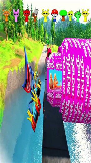 SUPER MARIO& Spangbob scooter &Ban Ban VS Bollard Barbie in Beamng Drive