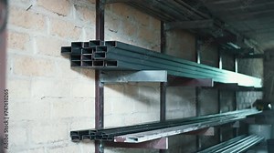 Long metal profiles on racks in workshop, steel frames ready for processing with heavy machines and further manufacturing, metal industry and high quality production concept
