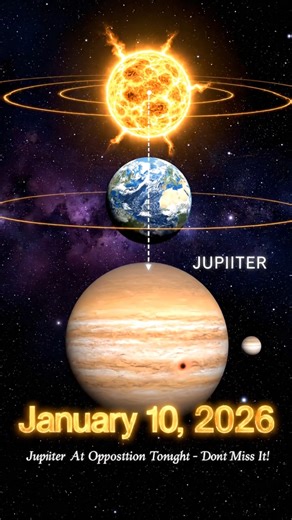 🪐 JUPITER AT OPPOSITION TONIGHT: THE KING'S GRAND PERFORMANCE 📅 January 10, 2026 Tonight marks the most spectacular viewing opportunity for Jupiter in all of 2026 as the giant planet reaches opposition at 3:34 a.m. EST, positioning Earth directly between Jupiter and the Sun. Rising at sunset in the east and remaining visible throughout the entire night until sunrise, Jupiter blazes at magnitude minus 2.7, outshining every celestial object except the Moon and appearing more than three times bri