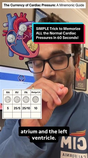 Hi! I’m Prerak Juthani, MD/MBA, a Hospitalist at Stanford University. Through my clinical training and passion for medical education, I create videos that break down complex medical concepts into clear, high-yield explanations for medical students, residents, and anyone curious about health. Struggling to memorize normal cardiac pressures? This fun and visual coin analogy makes it easy to remember the pressures in each chamber and vessel of the heart: • Right atrium (RA) ≈ nickel → 5 mmHg • Left