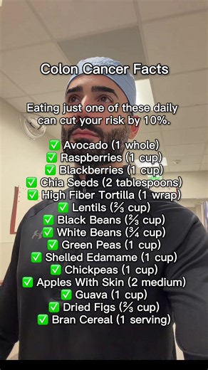 Colon cancer facts: For every additional 10 grams of fiber you eat daily, you may lower your relative risk of colon cancer by about 7–10%. And here’s what’s interesting: the benefit appears to increase as you consistently eat more fiber. That doesn’t mean your risk keeps dropping forever, but it shows why even small increases in daily fiber intake can matter. A major BMJ meta-analysis found a 10% lower relative risk of colorectal cancer for every additional 10 grams of daily fiber intake. PMID: 
