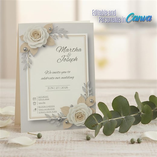 White Rose Wedding Invitation Template, Gold Frame, Pearl Detail (digital Download) - Etsy