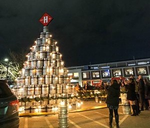 Harpoon Brewery displaying Christmas tree made from 500 kegs in Seaport