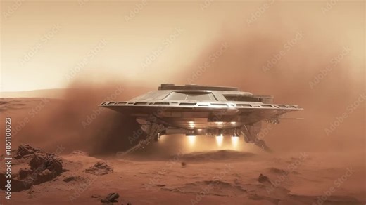 Ufo touchdown on mars: dust and thrusters in motion across martian landscape