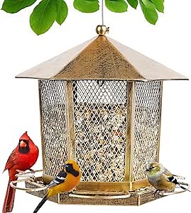 Hexagonal Gazebo Bird Feeders, Metal Hanging Wild Finch Bird Feeder, Outdoor Weatherproof Birdfeeder for Garden Patio Backyard Lawn Decor