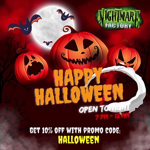 22 reactions · 5 comments | Happy Halloween!  Free “Lights on” Trick-or-Treating for kids from 5pm-6:45pm. Kids costume contest at 6:30pm. Haunted Attractions open 7pm-midnight. Teen & adult costume contest at 9:30pm. | Nightmare Factory | Facebook