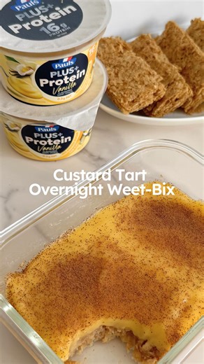 equ on Instagram: "Custard tart before 8am? It’d be rude not to when it’s packed with 23g of protein for under 278 calories. 🍮 This Custard Tart Overnight Weet-Bix uses @paulsplusprotein Vanilla Dairy Snack to give you creamy, indulgent flavours in a high-protein, low-effort breakfast. 📌 Save this recipe for a quick, make-ahead breakfast. Ingredients (serves 1): - 2 x Weet-Bix - 100ml Skim Milk - 2g White Sugar - Sprinkle of Ground Cinnamon - 1 x 160g Tub Pauls PLUS+ Protein Vanilla Dairy Snac