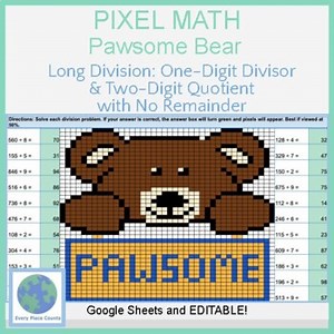 Pixel Art Math - Pawsome Bear -  Long Division: One-Digit Divisor