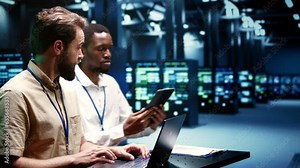 Colleagues running data center electronics diagnostic tests to determine and patch software issues. Mechanics using laptop and tablet to repair critical systems, checking for flaws Stock Video