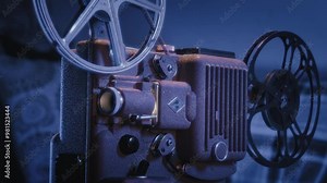 An old 8mm projector flickers in the dark, showing a vintage film, and filling the room with a nostalgic, cinematic atmosphere.