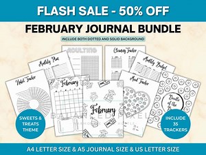 February Planner Bundle - Sweets Theme Printable - Undated Monthly Calendar - Black & White - February Journal Pages - Etsy