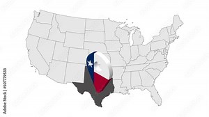Location State of Texas on map USA. 3d State Texas flag map marker location pin. Map of United States of America showing different states. Animated map States of USA. 4K. Video