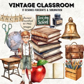 Watercolor Vintage School- Classroom PNG Clipart Bundle - 41 Images