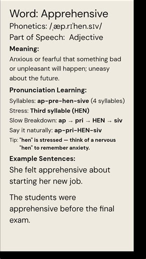 Apprehensive (/ˌæp.rɪˈhen.sɪv/) (Adjective): Anxious or fearful that something bad or unpleasant...