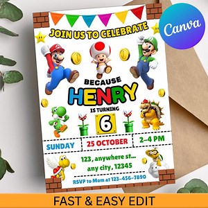 Super Mario Birthday Invitation, Digital Editable Canva Template, Printable Mario Party Invite, Boys Birthday Card, Colorful Bday Invite Kid - Etsy