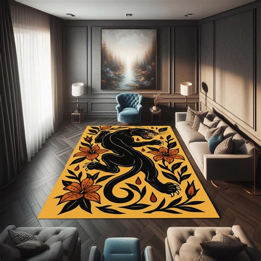 Black Panther Rug | Tiger Lily Tattoo Style Area Rug - Etsy