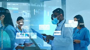 Electronic Health Record Management The shift to electronic health records (EHR), depicted with healthcare professionals accessing and updating patient records digitally