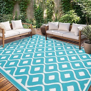 Findosom 8'x10' Large Outdoor Rug Waterproof Patio Rug RV Outdoor Mat Reversible Plastic Straw Area Rug Mat Camping Rugs Floor Mat for Outdoors,RV,Patio,Backyard,Deck,Picnic,Beach,Trailer Teal