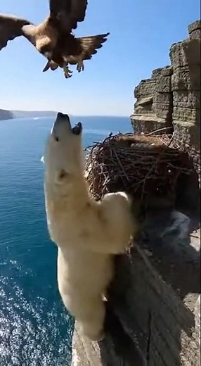 A POLAR BEAR CLIMBS THE NEST