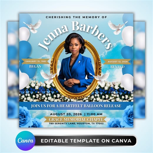 Memorial Balloon Release Flyer: Funeral Celebration of Life Invitation Design, Digital Download, Canva Template - Etsy