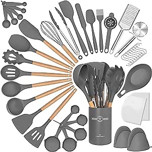 Silicone Cooking Utensils Set, 43Pcs Non-Stick Heat Resistant Kitchen Utensils Spatula Set with Wooden Handle for Baking, Cooking, and Mixing, Best Kitchen Gadgets Tools with Holder (Grey)