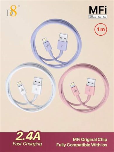 D8 MFi Certified Lightning Cable, (3.3FT) TPE USB A To Lightning Charger Cable, USB 2.0 2.4A Fast Charging Compatible With Iphone 14 Pro/14/13 Mini/13 Pro/13/12 Pro MAX/12/11 Pro/11/XR/XS MAX/XS/X/8 Plus/8/7 Plus/7/6S Plus/6S/6/SE 2022/2020/Compatible With Air 4/Pro 10.5/Mini 5, Cute Pastel Color Fashionable Slim Lightning Cable For Women, Portable Lightweight | SHEIN
