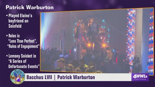 King Bacchus 👑 Patrick Warburton rolls into the Convention Center as WWL’s Charisse Gibson and Chris Franklin keep the party going. | WWLTV