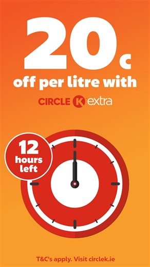 ⛽✨ We’re halfway through Fuel Day! ⏰ Just 12 hours left to save up to 20c per litre at participating Circle K sites. 👉 This amazing offer is exclusive to Circle K EXTRA members. 📲 Not a member yet? Download the Circle K app and join today. Visit circlek.ie for the list of non-participating sites. Don’t wait — fill up before the day is gone! 🙌 | Circle K Ireland