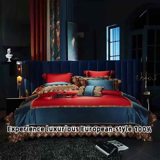 Luxury European Style Cotton Bedding Set Gold Trim Red Blue Silk-Like Duvet Cover Premium Bed with  200TC All-Season USA Market
