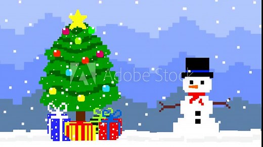 Animated Christmas scene in pixel art style with a Christmas tree and a snowman and snowing.