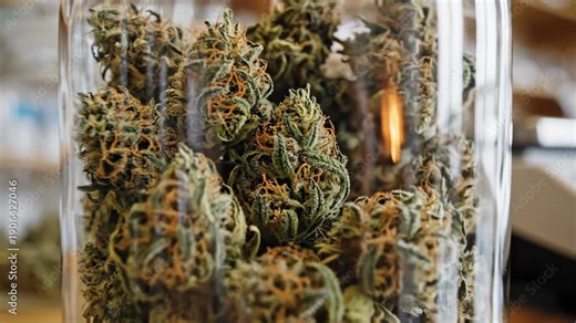Glass jars filled with dried cannabis buds on shelf. Marijuana dispensary display