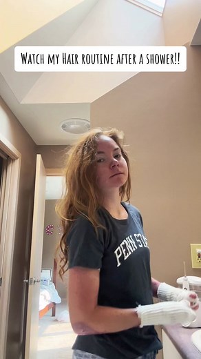 My after shower hair routine 🚿 I always let my hair air dry after a shower while I get dressed and put new bandages on. This is why it is so crazy in the beginning clip. Once I’m dressed, I prefer to pull it back so it is out of my way while I finish wraping my hands. Plus my hair gets super curly after being in a clip!!! #ebawareness #fyp #raredisease #hairroutine